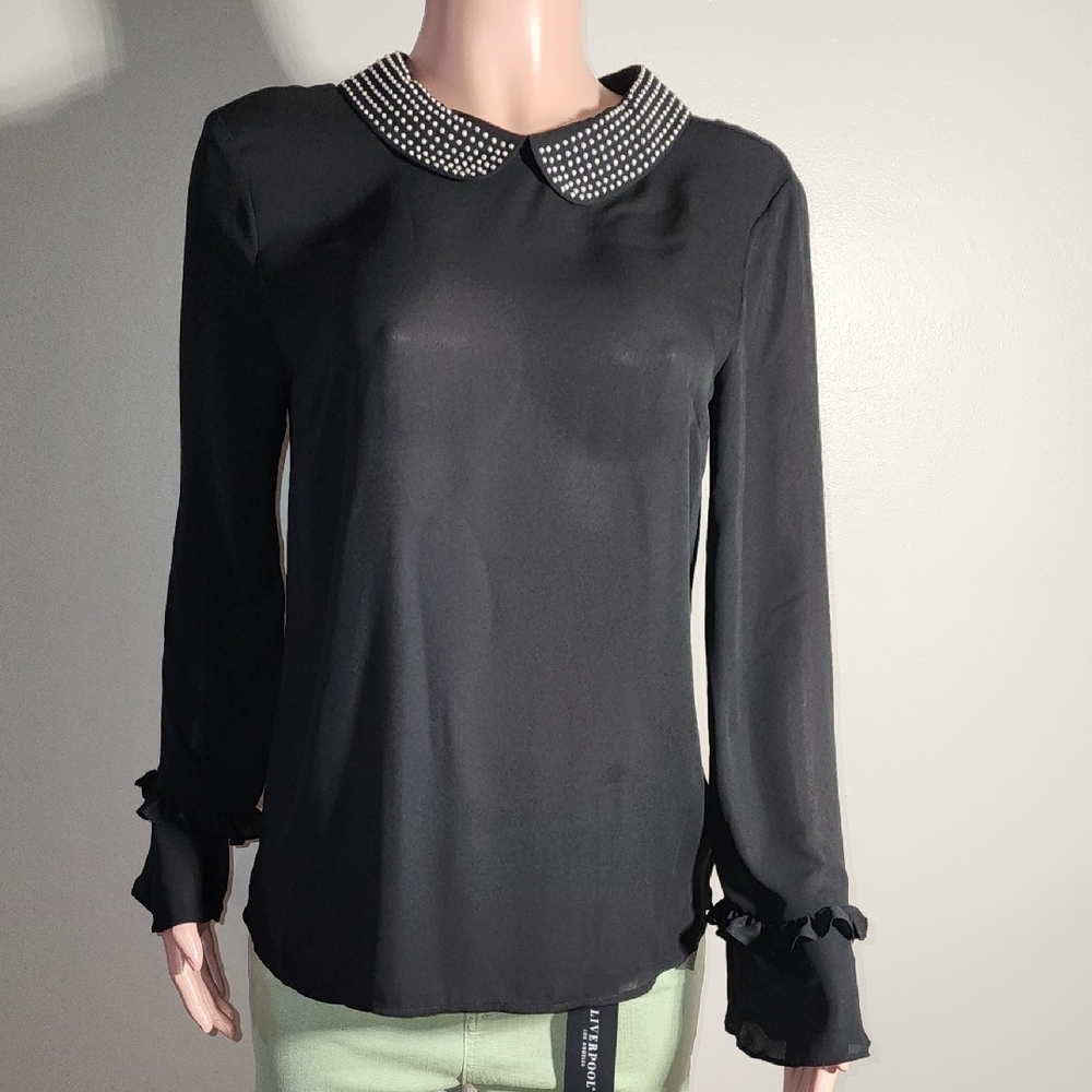CeCe Black Blouse with Embellished Collar